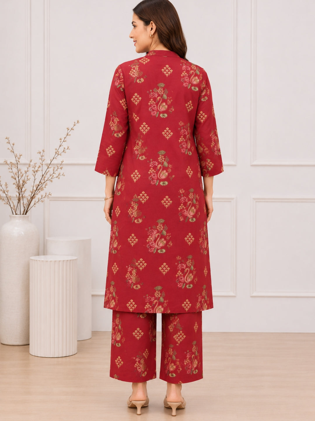 Maroon Floral Printed Cotton Kurta Set with Straight Palazzo