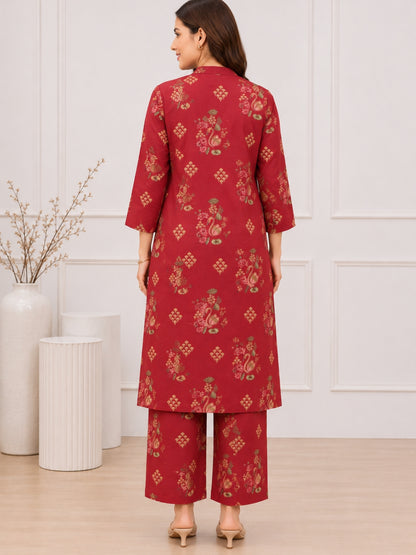 Maroon Floral Printed Cotton Kurta Set with Straight Palazzo