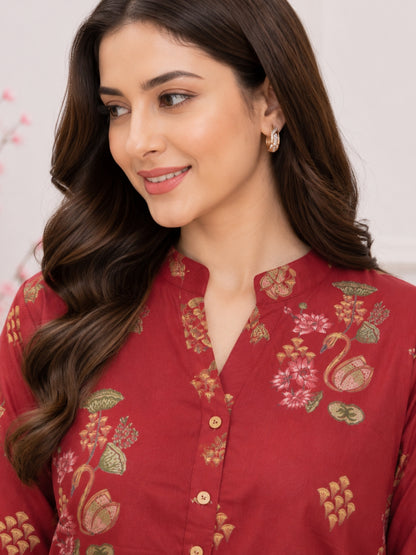 Maroon Floral Printed Cotton Kurta Set with Straight Palazzo