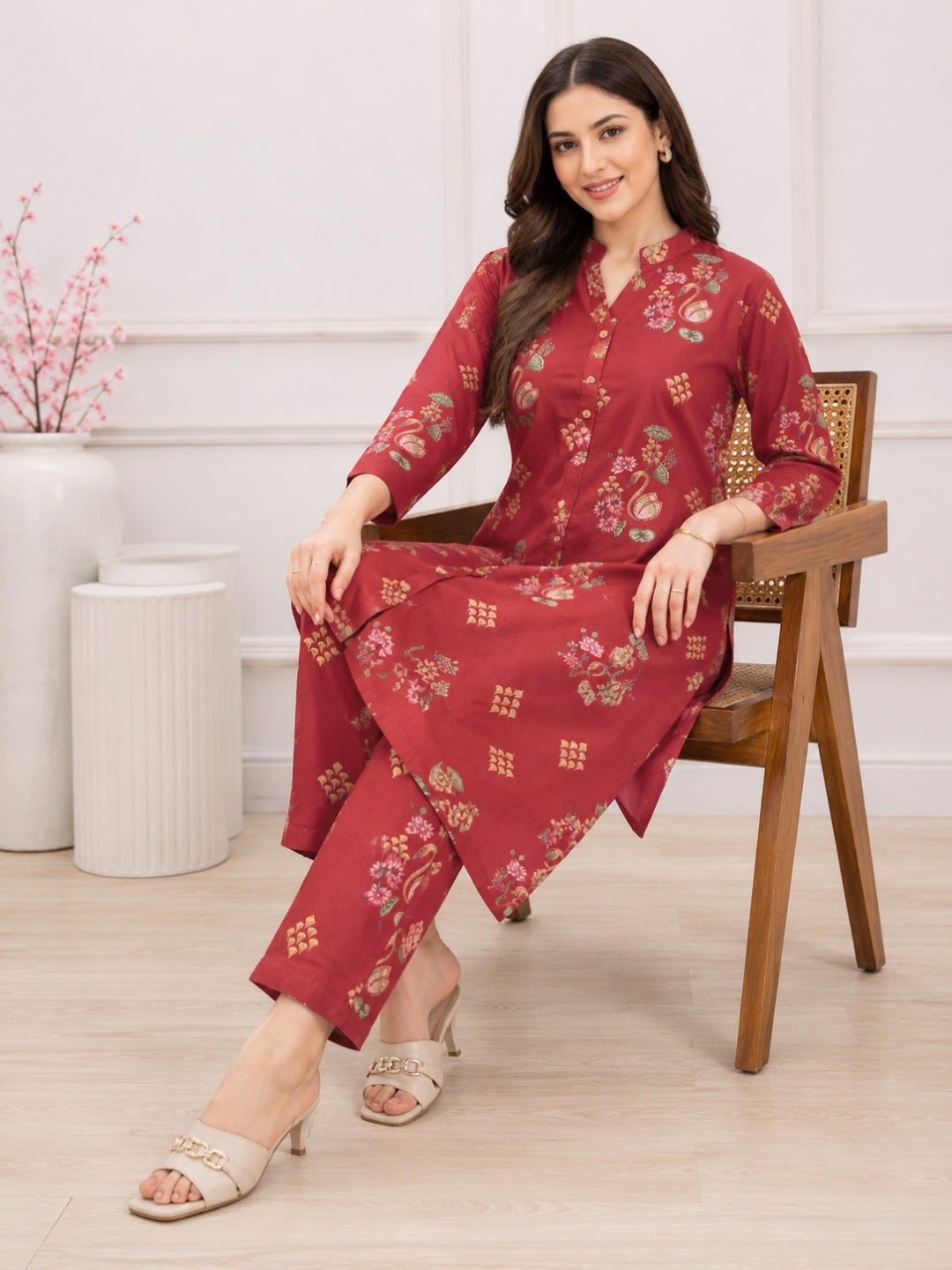 Maroon Floral Printed Cotton Kurta Set with Straight Palazzo