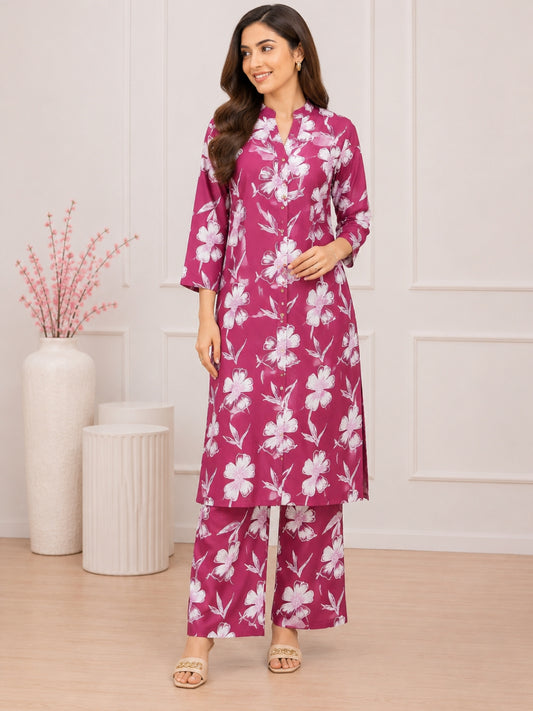 Fuchsia Pink Floral Cotton Kurta Set with Printed Palazzo