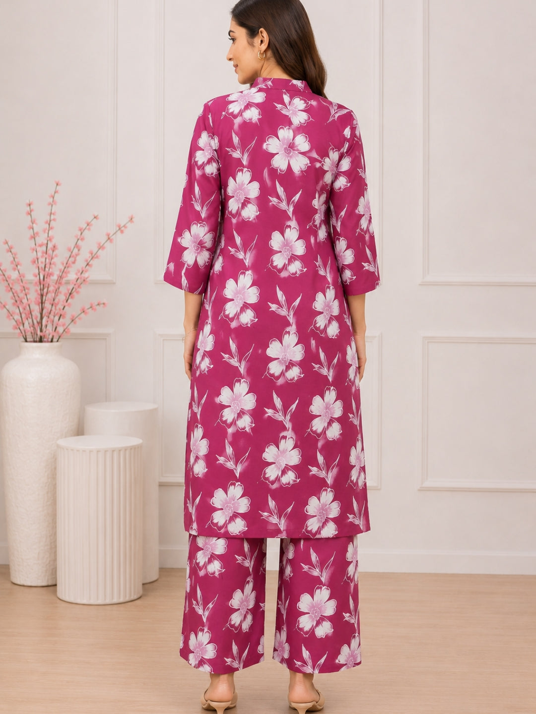 Fuchsia Pink Floral Cotton Kurta Set with Printed Palazzo