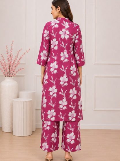 Fuchsia Pink Floral Cotton Kurta Set with Printed Palazzo