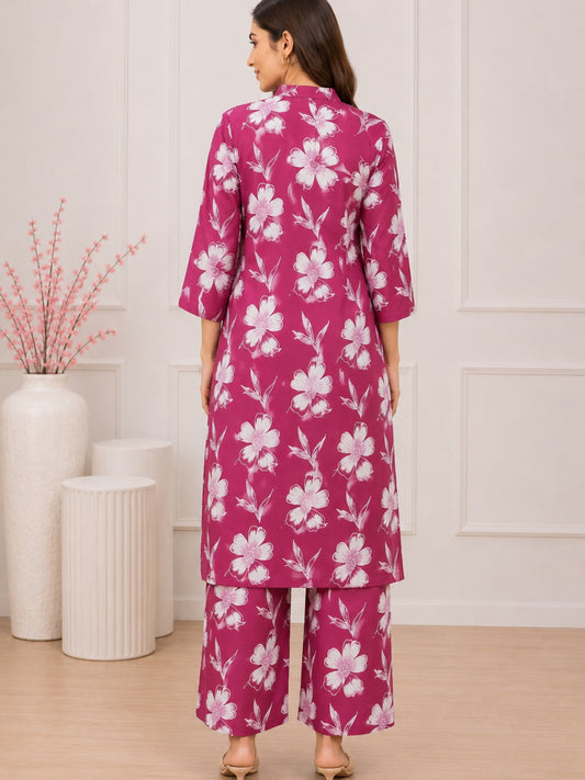 Fuchsia Pink Floral Cotton Kurta Set with Printed Palazzo