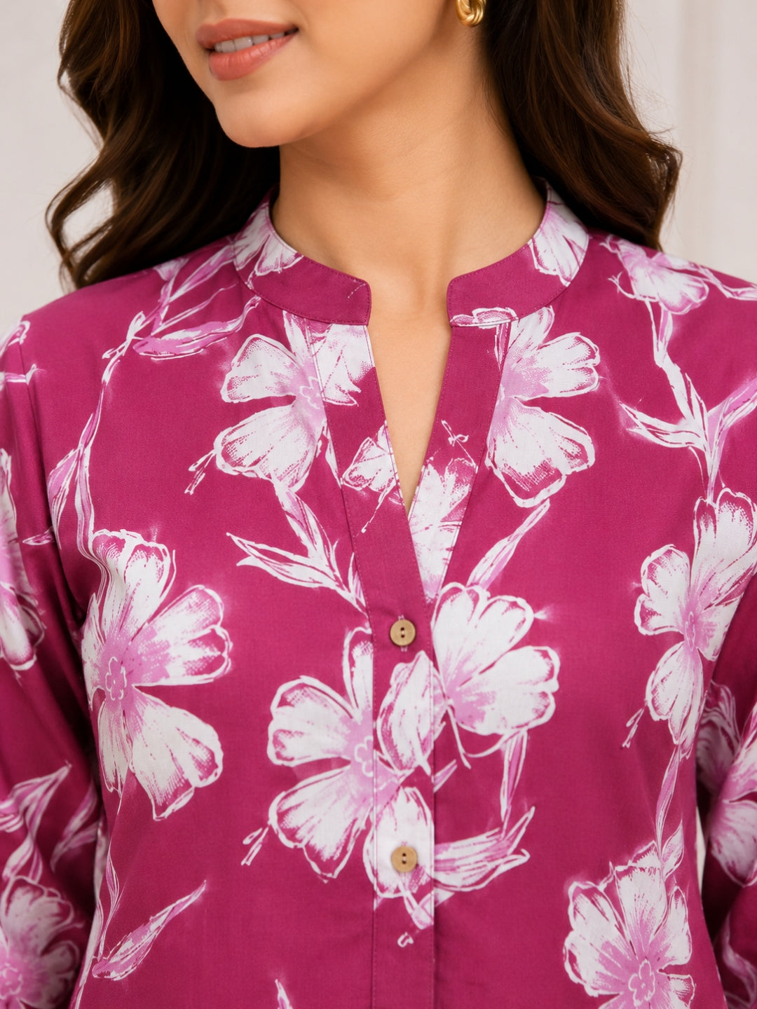 Fuchsia Pink Floral Cotton Kurta Set with Printed Palazzo