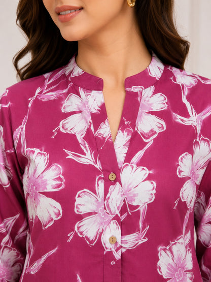 Fuchsia Pink Floral Cotton Kurta Set with Printed Palazzo