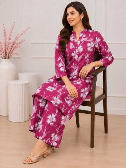 Fuchsia Pink Floral Cotton Kurta Set with Printed Palazzo