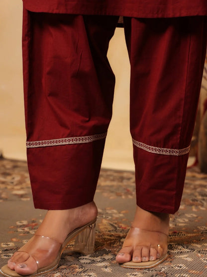 Maroon Pure Cotton Embroidered Kurta Set with Farsi Salwar