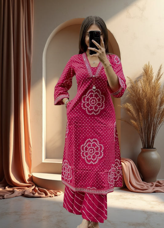 Fuchsia Pink Cotton Bandhej Suit Set with Printed Dupatta – Ethnic Wear