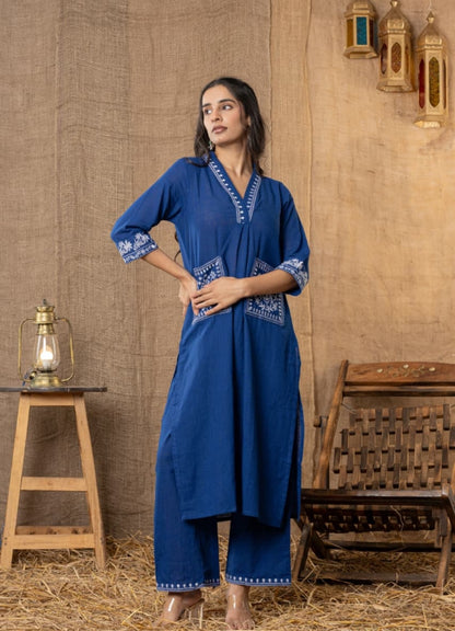 Navy Blue Cotton Slub Kurta Set With Pockets