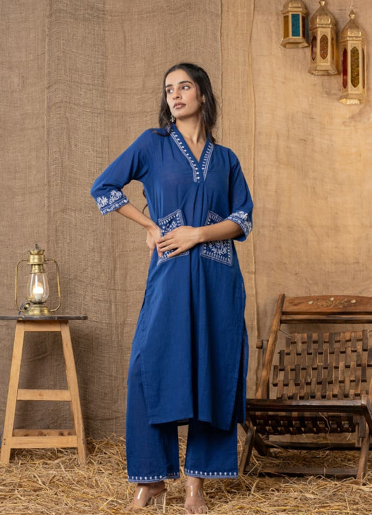 Navy Blue Cotton Slub Kurta Set With Pockets
