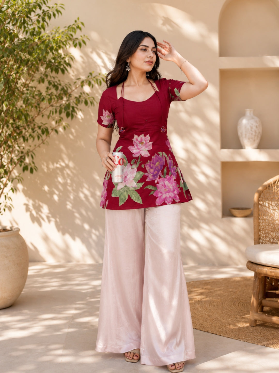 Maroon Floral Print Cotton Tunic Top for Women