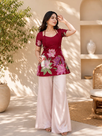 Maroon Floral Print Cotton Tunic Top for Women