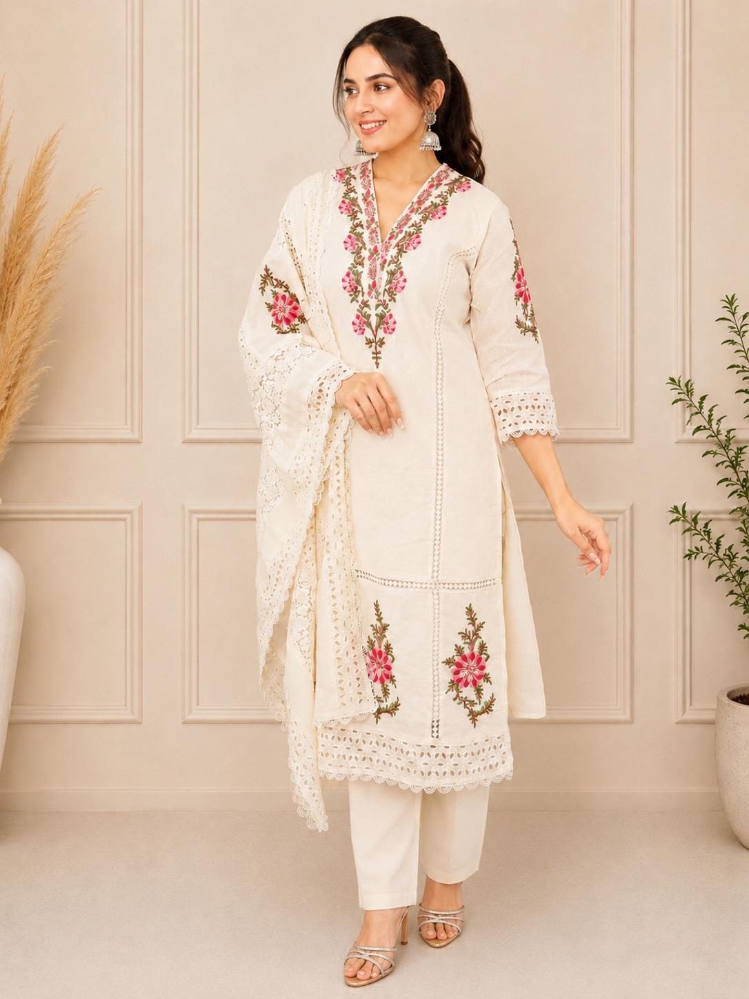 Ivory White Cotton Suit Set with Floral Embroidered Detailing
