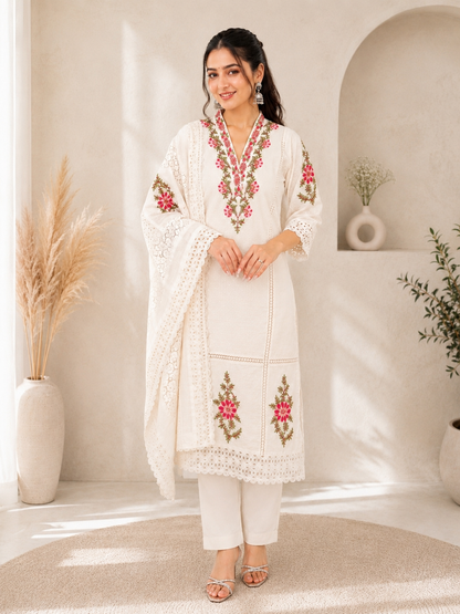 Ivory White Cotton Suit Set with Floral Embroidered Detailing