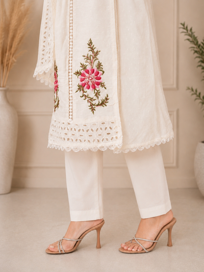 Ivory White Cotton Suit Set with Floral Embroidered Detailing
