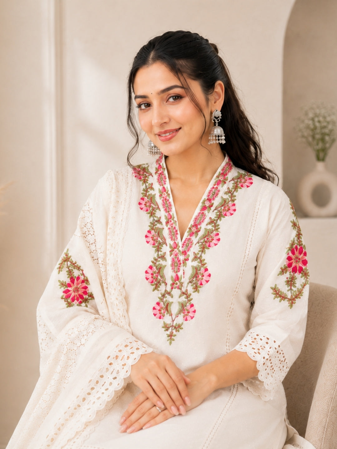 Ivory White Cotton Suit Set with Floral Embroidered Detailing