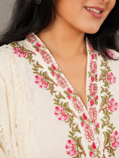 Ivory White Cotton Suit Set with Floral Embroidered Detailing