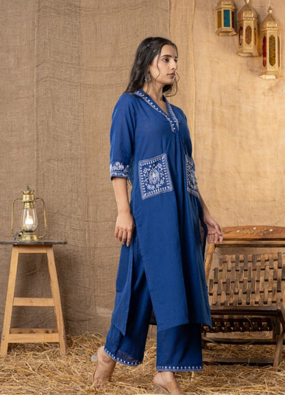 Navy Blue Cotton Slub Kurta Set With Pockets