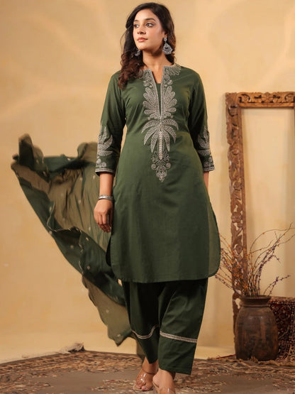 Forest Green Pure Cotton Embroidered Kurta Set with Farsi Salwar