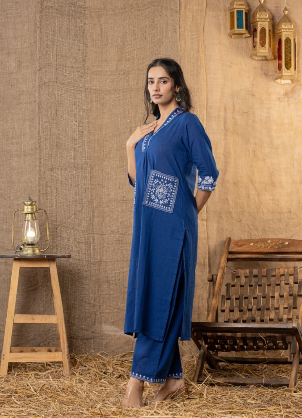 Navy Blue Cotton Slub Kurta Set With Pockets