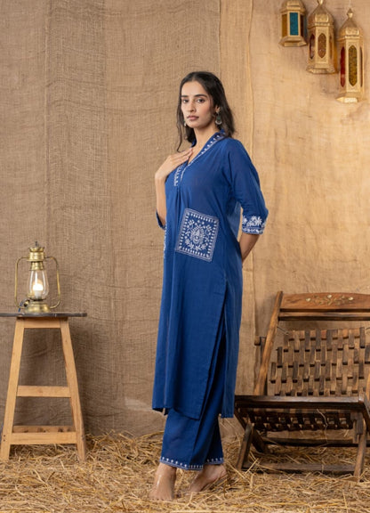 Navy Blue Cotton Slub Kurta Set With Pockets