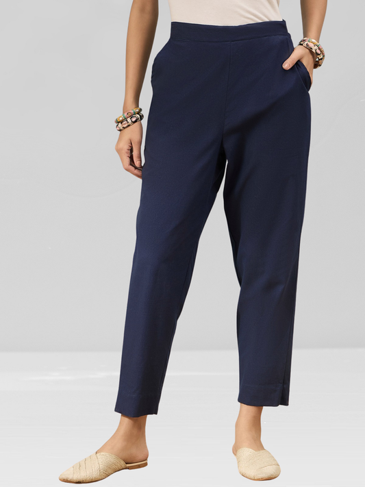 Navy Blue Cotton Flex Pants with Side Pockets
