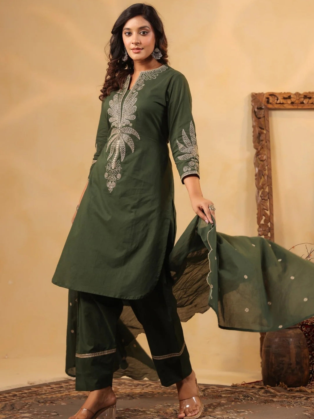 Forest Green Pure Cotton Embroidered Kurta Set with Farsi Salwar