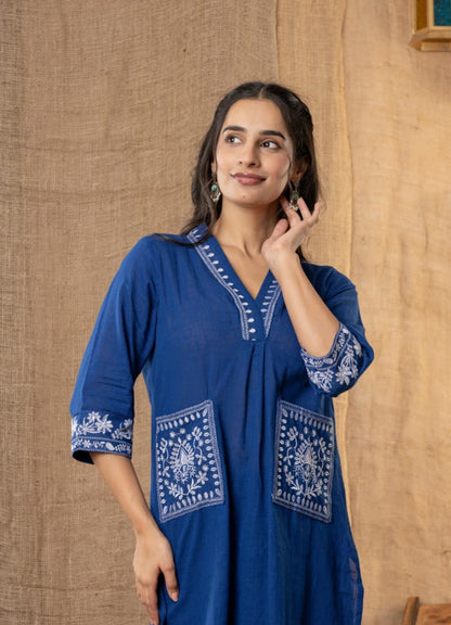 Navy Blue Cotton Slub Kurta Set With Pockets