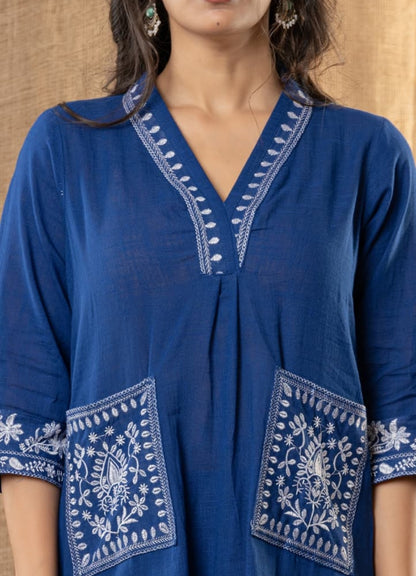 Navy Blue Cotton Slub Kurta Set With Pockets