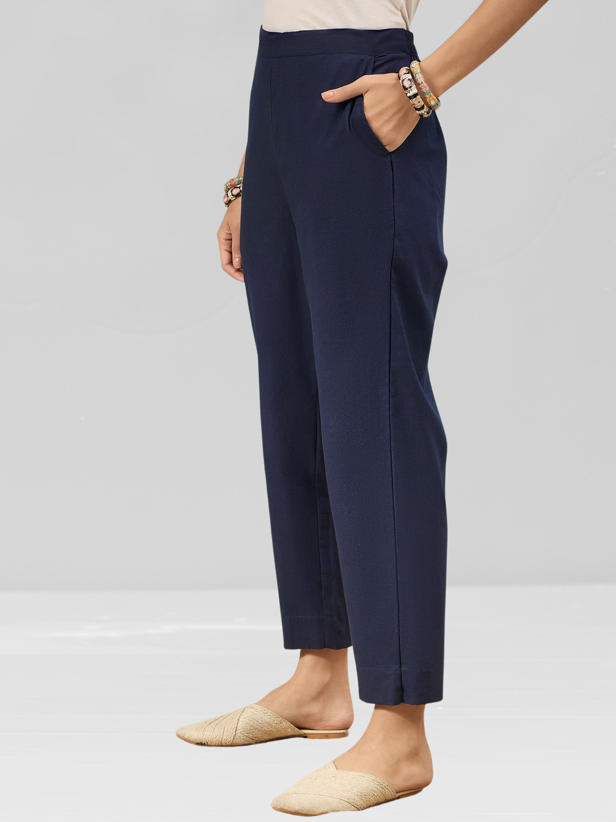 Navy Blue Cotton Flex Pants with Side Pockets
