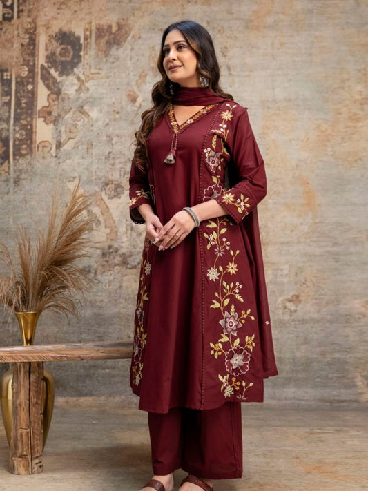 Maroon Floral Embroidered Cotton Kurta Palazzo Dupatta Set