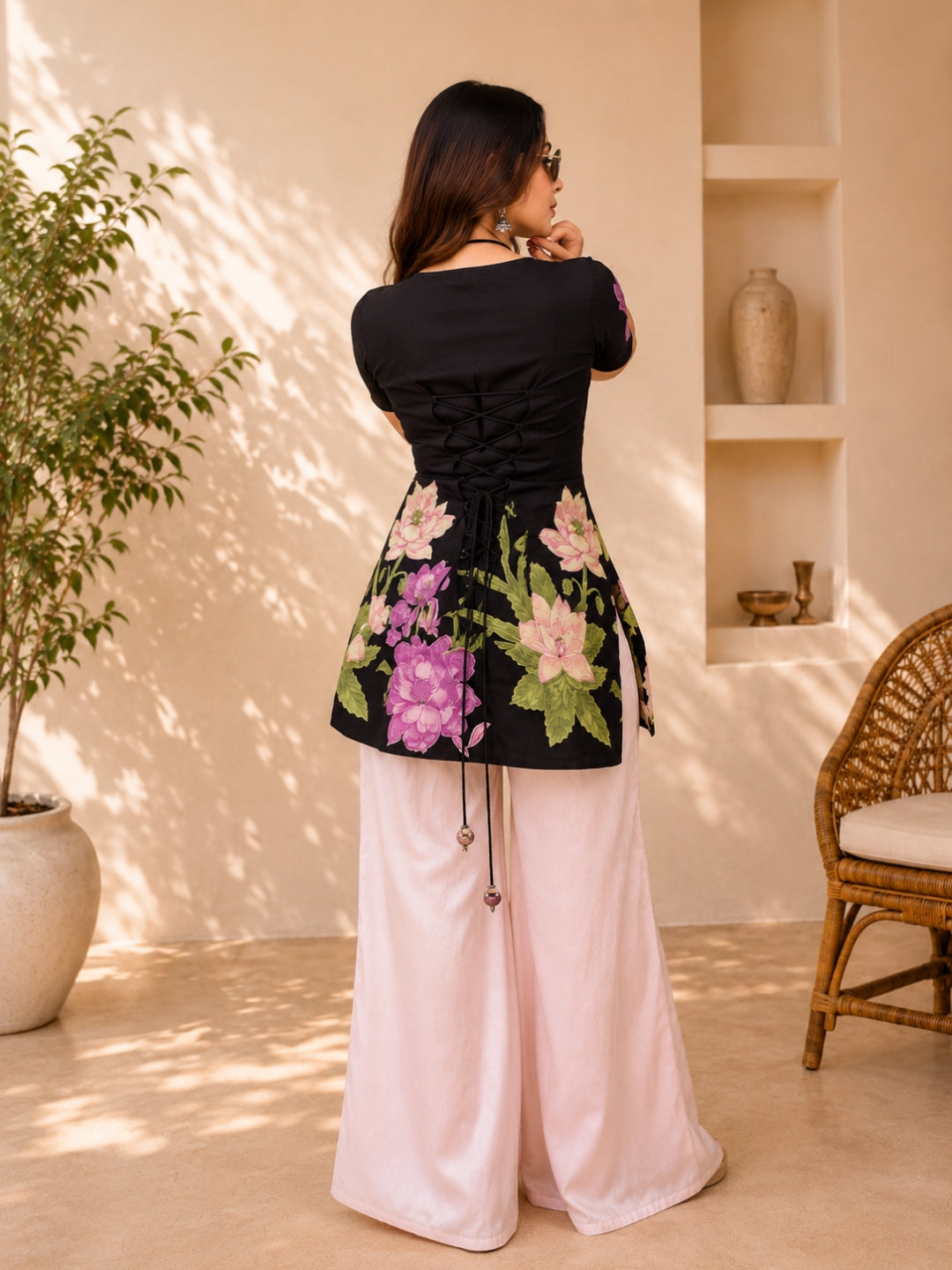 Black Floral Print Cotton Tunic Top for Women
