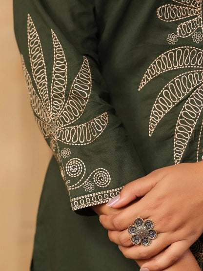Forest Green Pure Cotton Embroidered Kurta Set with Farsi Salwar