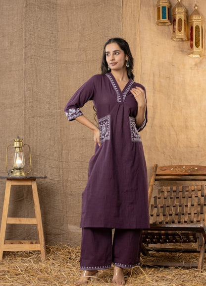 Wine Cotton Slub Kurta Set with Pockets