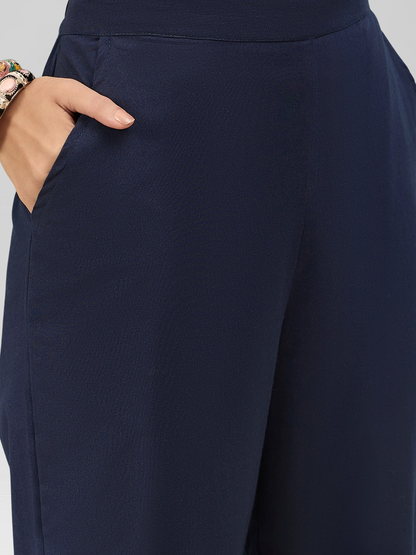 Navy Blue Cotton Flex Pants with Side Pockets