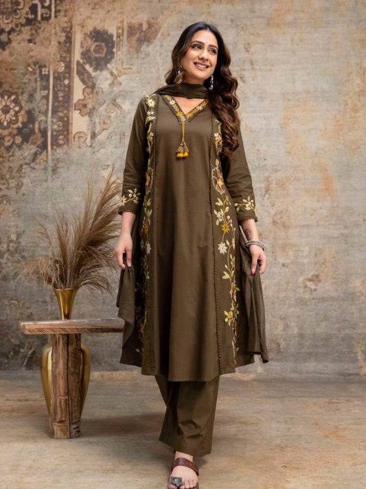 Olive Green Floral Embroidered Cotton Kurta Palazzo Dupatta Set