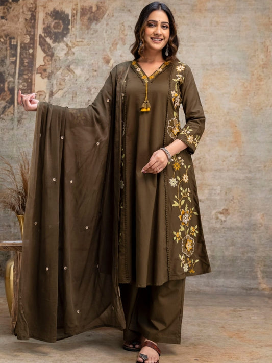 Olive Green Floral Embroidered Cotton Kurta Palazzo Dupatta Set