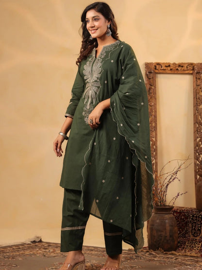 Forest Green Pure Cotton Embroidered Kurta Set with Farsi Salwar