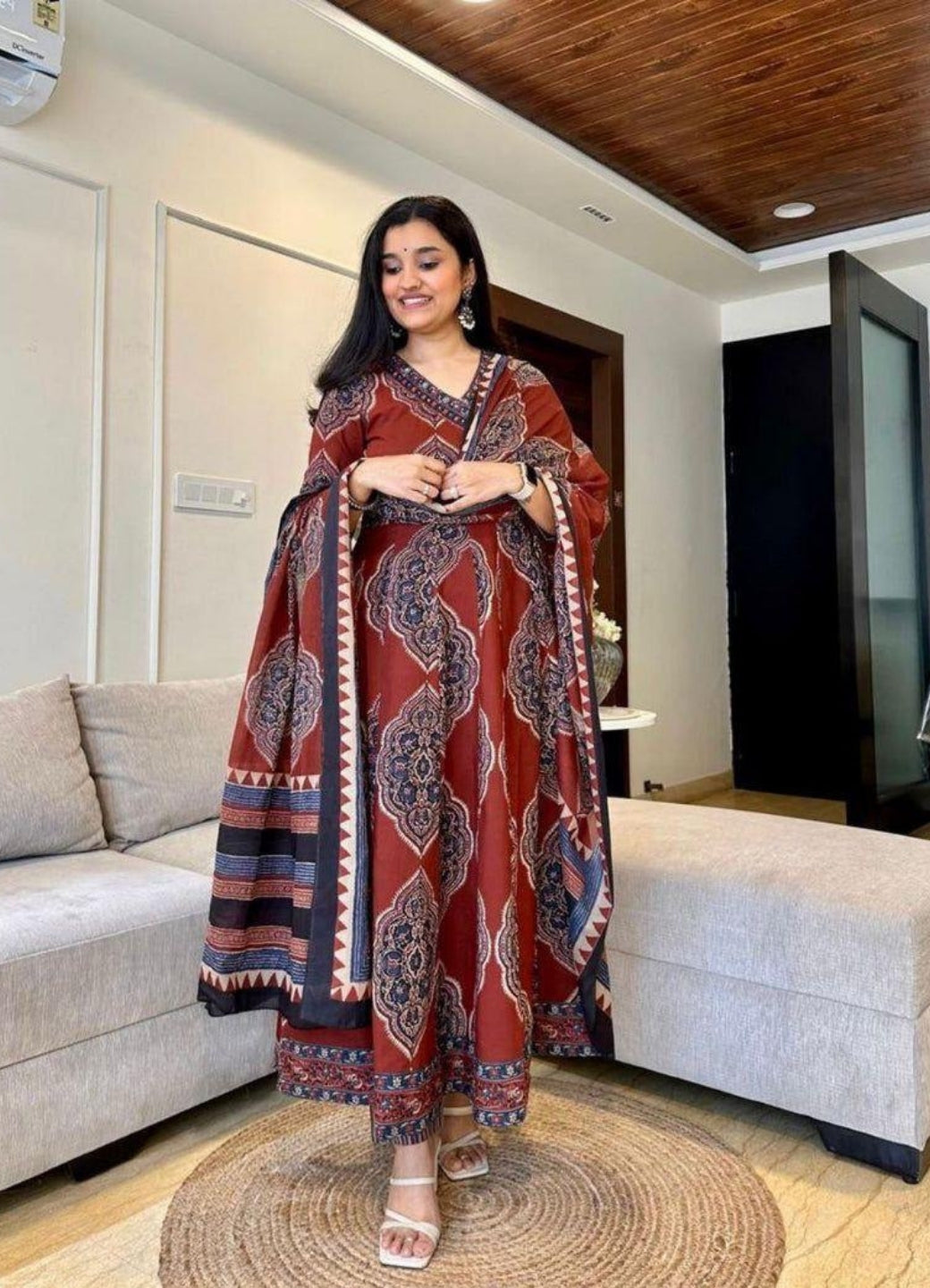 Rust Brown Cotton Anarkali Set with Traditional Block Print – Daily & Office Wear