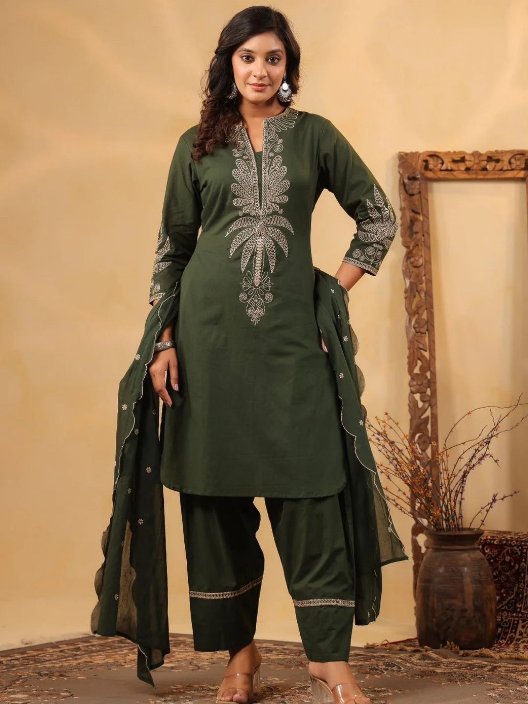 Forest Green Pure Cotton Embroidered Kurta Set with Farsi Salwar