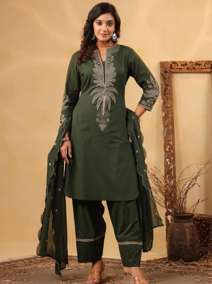 Forest Green Pure Cotton Embroidered Kurta Set with Farsi Salwar