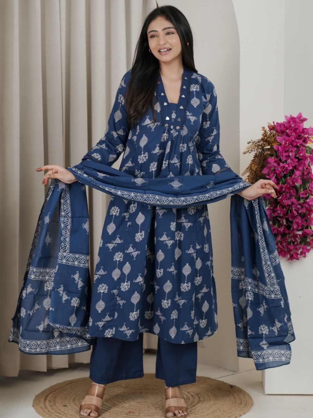 Indigo Blue Jaipuri Cotton A-Line Kurta Set with Ethnic Motifs