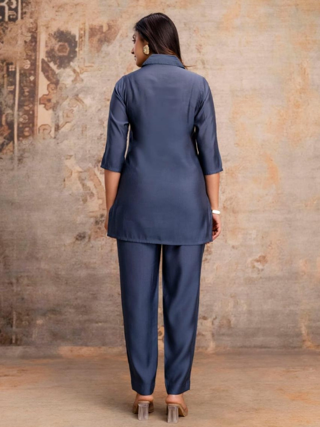 Deep Navy Roman Silk Kurta Pant Set with Handcrafted Floral Embroidery