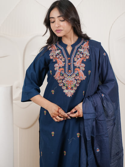 Navy Blue Embroidered Cotton Flex Kurta Palazzo Set with Dupatta