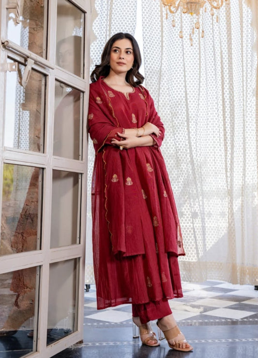 Maroon Mul Chanderi Embroidered Anarkali Suit Set with Dupatta – Festive & Occasion Wear