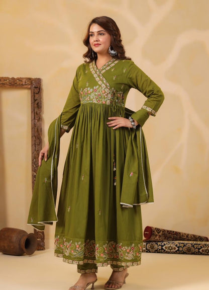 Olive Green Mul Cotton Angarkha Suit Set with Embroidered Detailing – Ethnic Wear