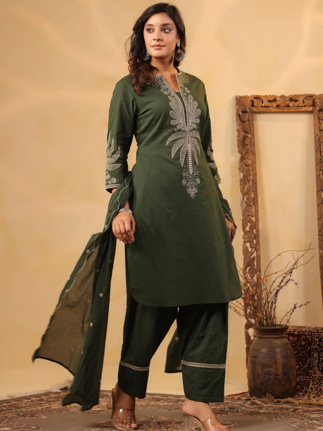 Forest Green Pure Cotton Embroidered Kurta Set with Farsi Salwar