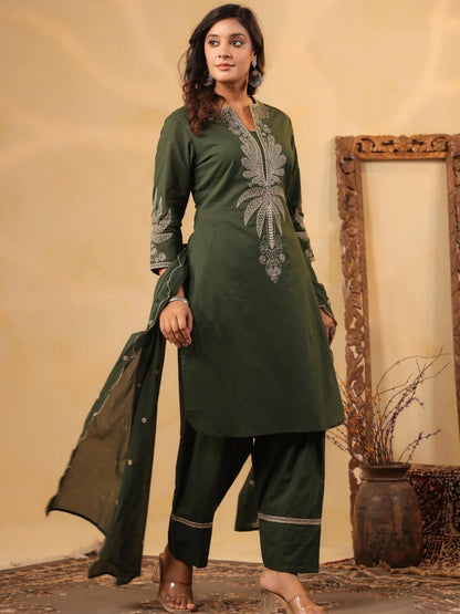 Forest Green Pure Cotton Embroidered Kurta Set with Farsi Salwar