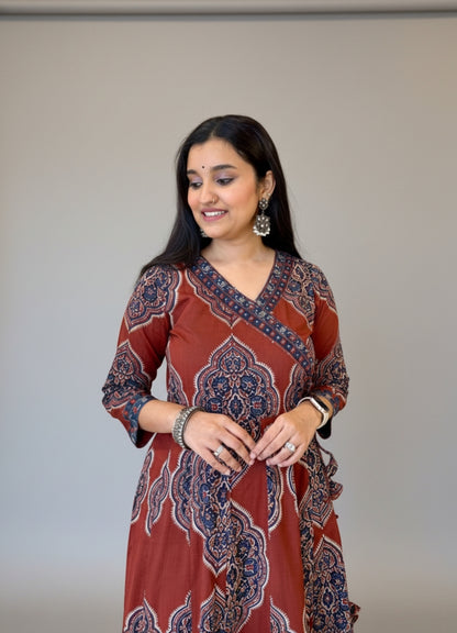 Rust Brown Cotton Anarkali Set with Traditional Block Print – Daily & Office Wear